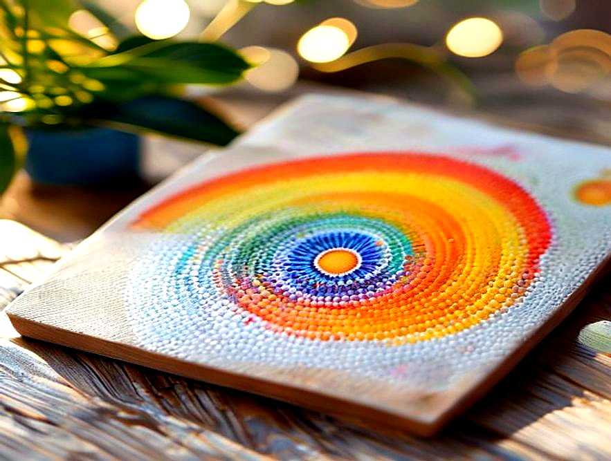 Finished acrylic dot rainbow spiral painting on a small panel
