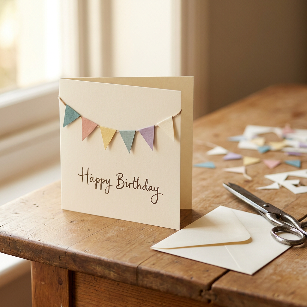Finished handmade birthday banner card with muted paper flags and envelope