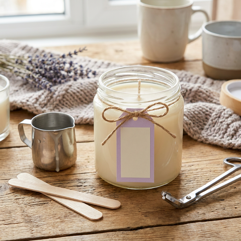 Finished real poured wax candle in a clear jar with centered cotton wick, blank pastel removable label, and small wax pouring pitcher nearby