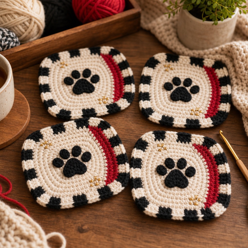 Cute racing-inspired crochet paw coasters with checkered edging and red stripe, no numbers or logos