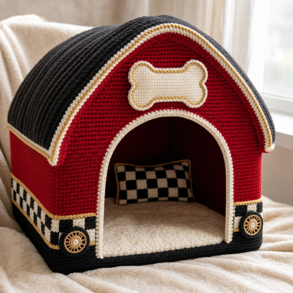 Finished F1 Pup Prestige crochet dog house with large open entrance, bone name sign, red body, black roof, cream trim, and gold racing accents