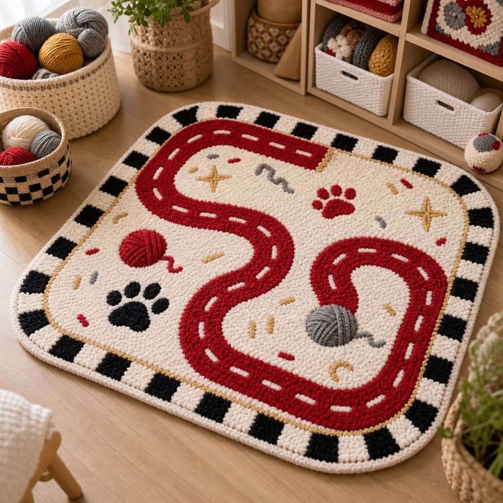 Cute racing-inspired crochet room carpet with checkered border and red track stripe, no numbers or logos