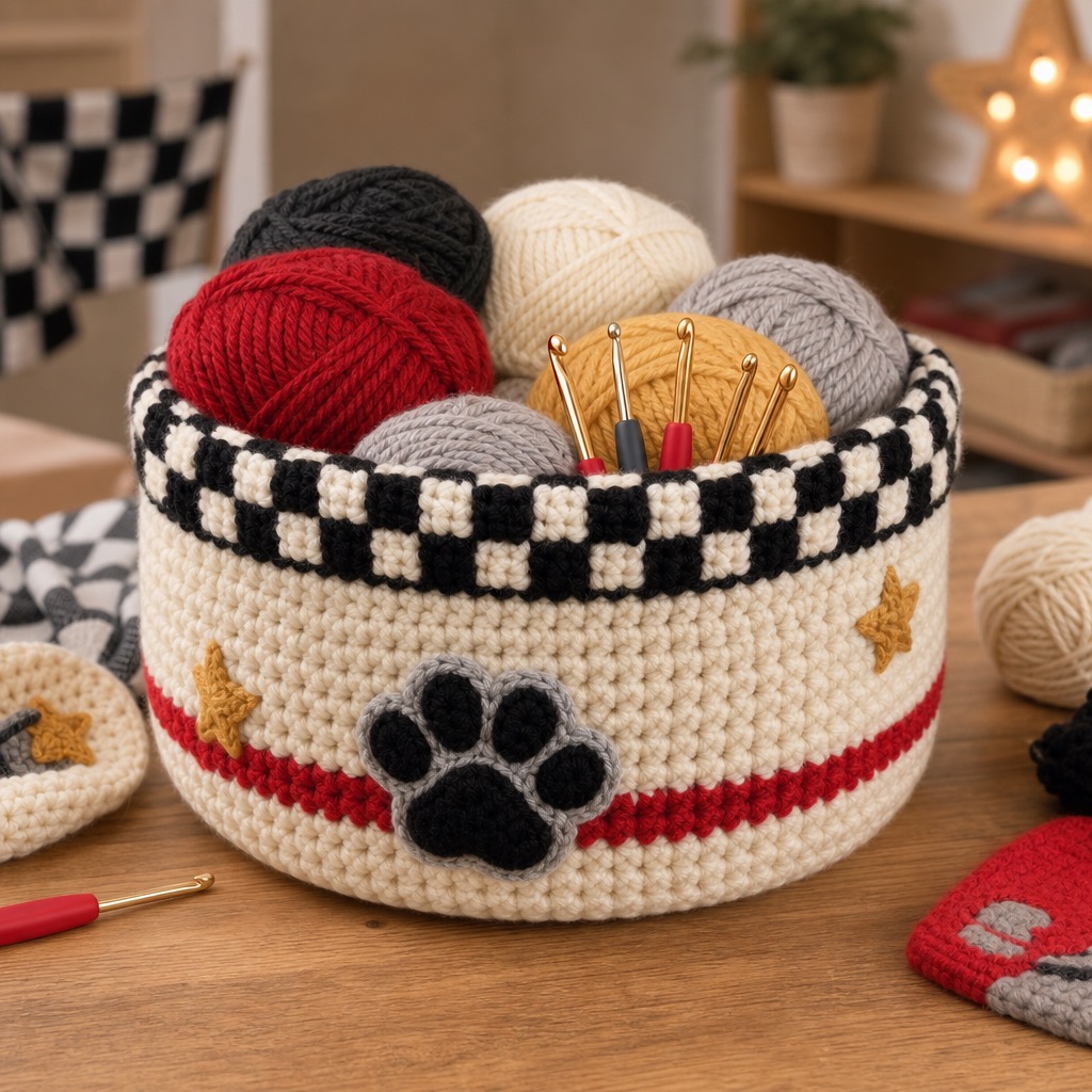Cute racing-inspired crochet yarn basket with checker rim, red stripe and paw applique, no numbers or logos