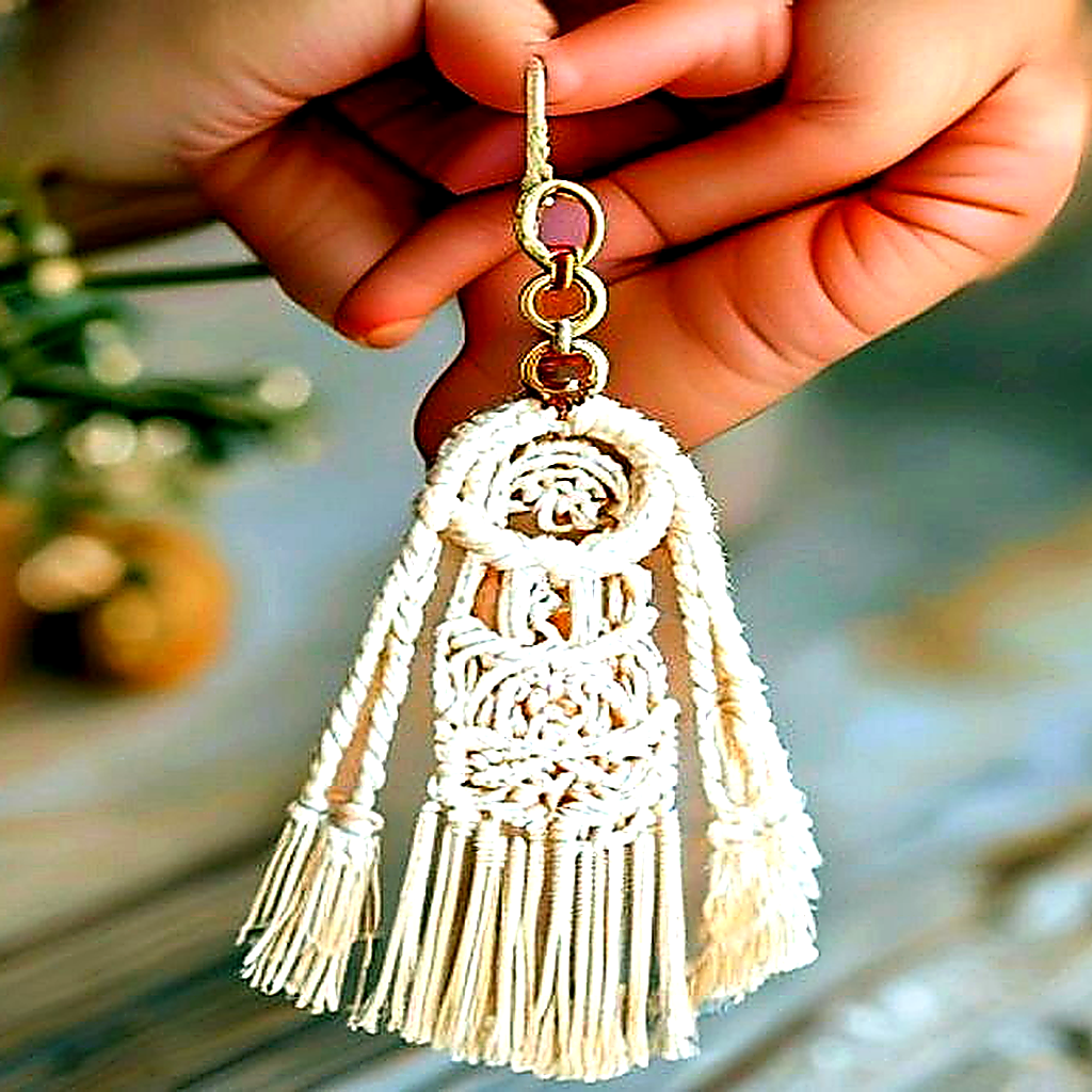 Finished cream cotton macramé keychain loop with brass ring, square knots, wrapped finish, and combed fringe