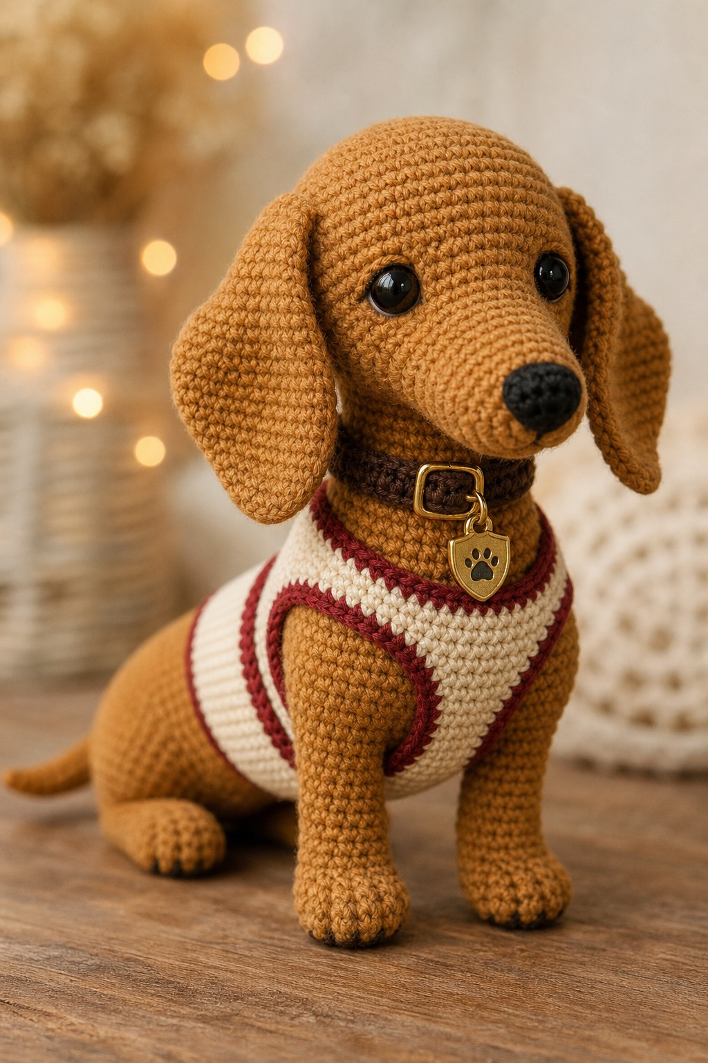 Finished Monaco Pup crochet dog with a cream-and-red racing harness