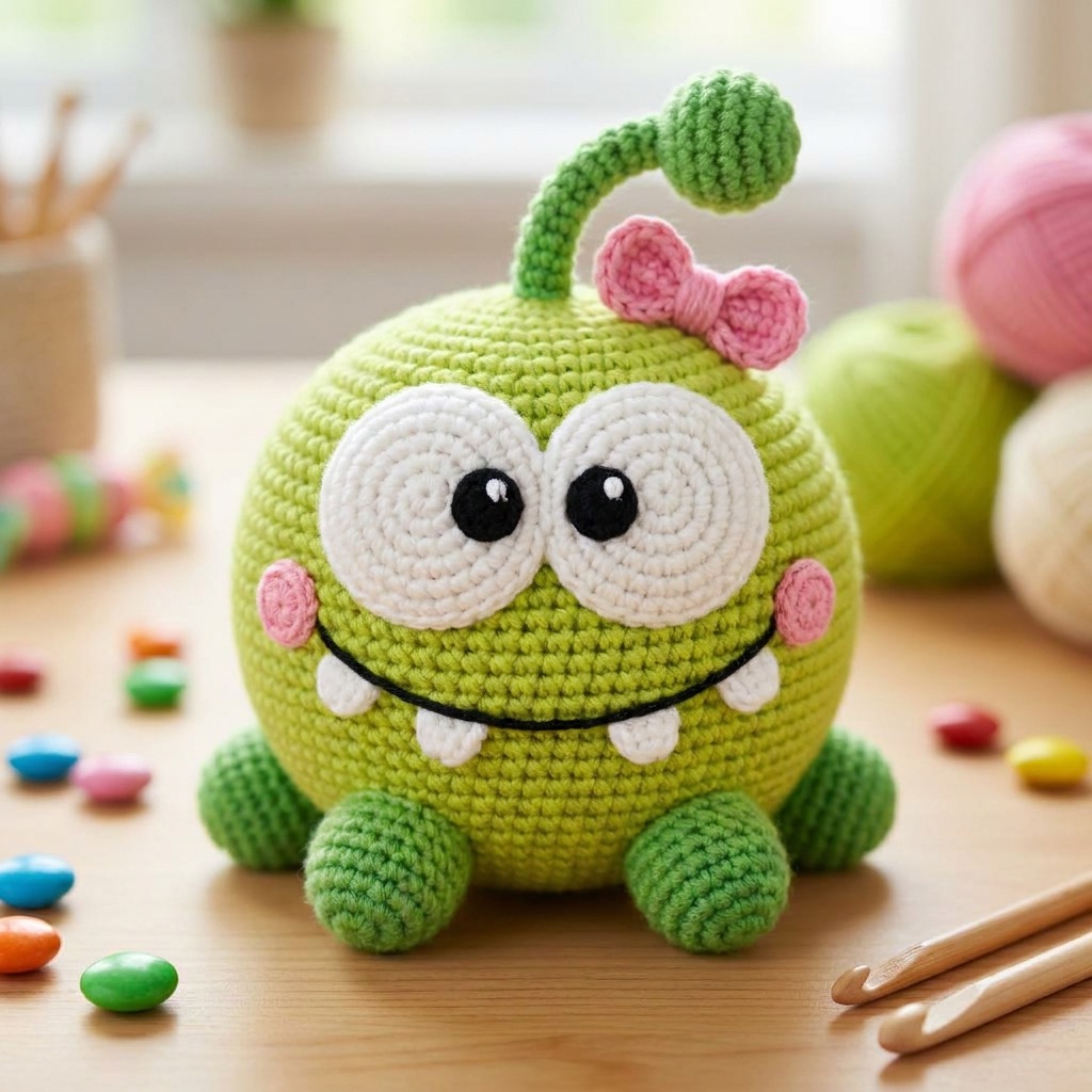 Om Nelle crochet plush pattern preview with bow, four teeth, and four feet
