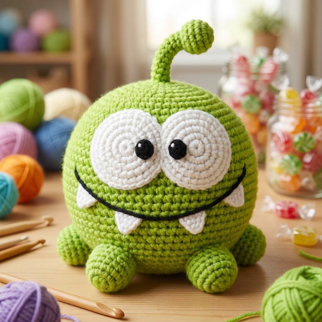 Om Nom crochet plush pattern preview with four teeth and four feet