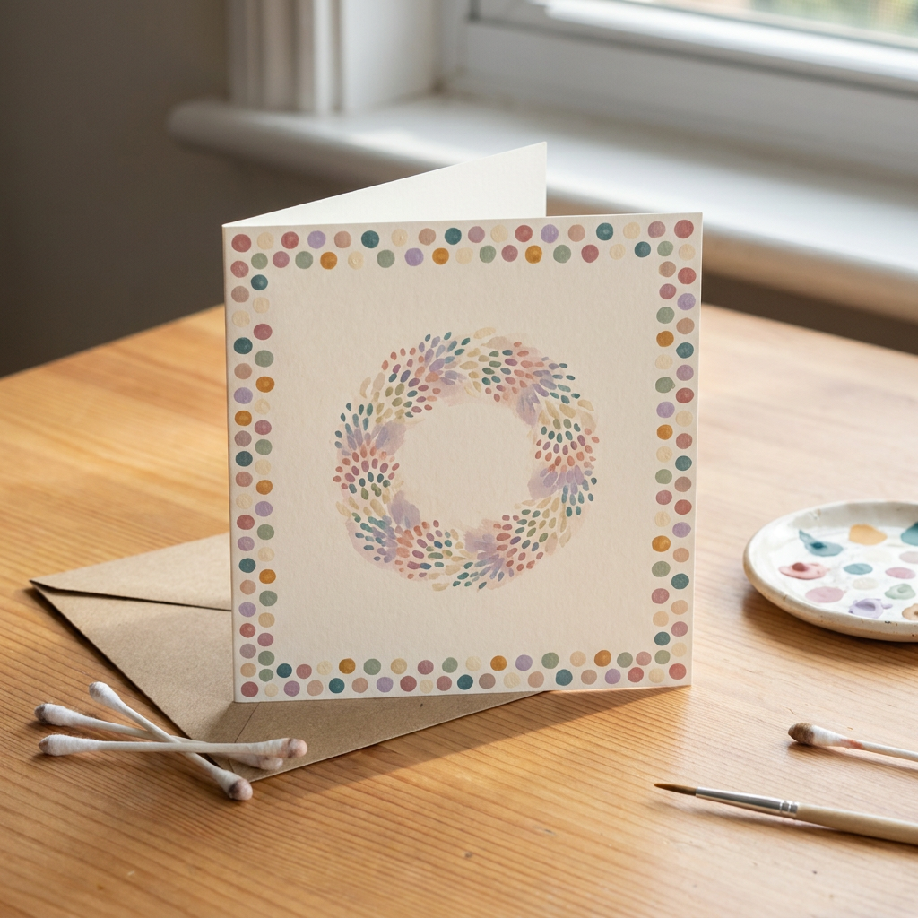 Finished cream painted dot greeting card with dotted border, blank center, kraft envelope, and paint supplies