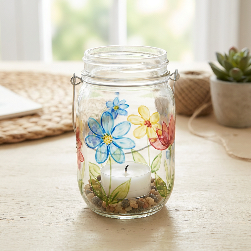 Painted glass jar with an unlit wax tea-light candle inside and a visible cotton wick