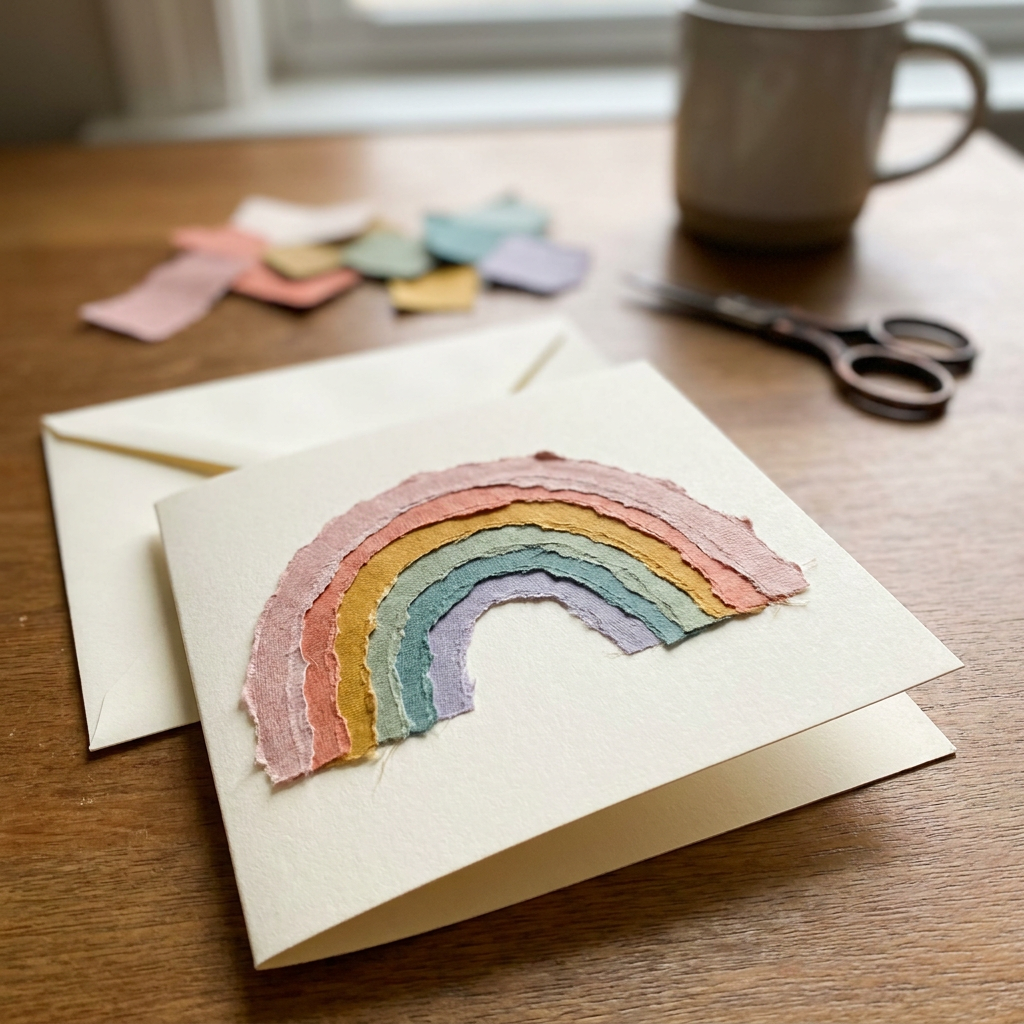 Finished handmade scrap paper rainbow card with muted torn paper arches and envelope