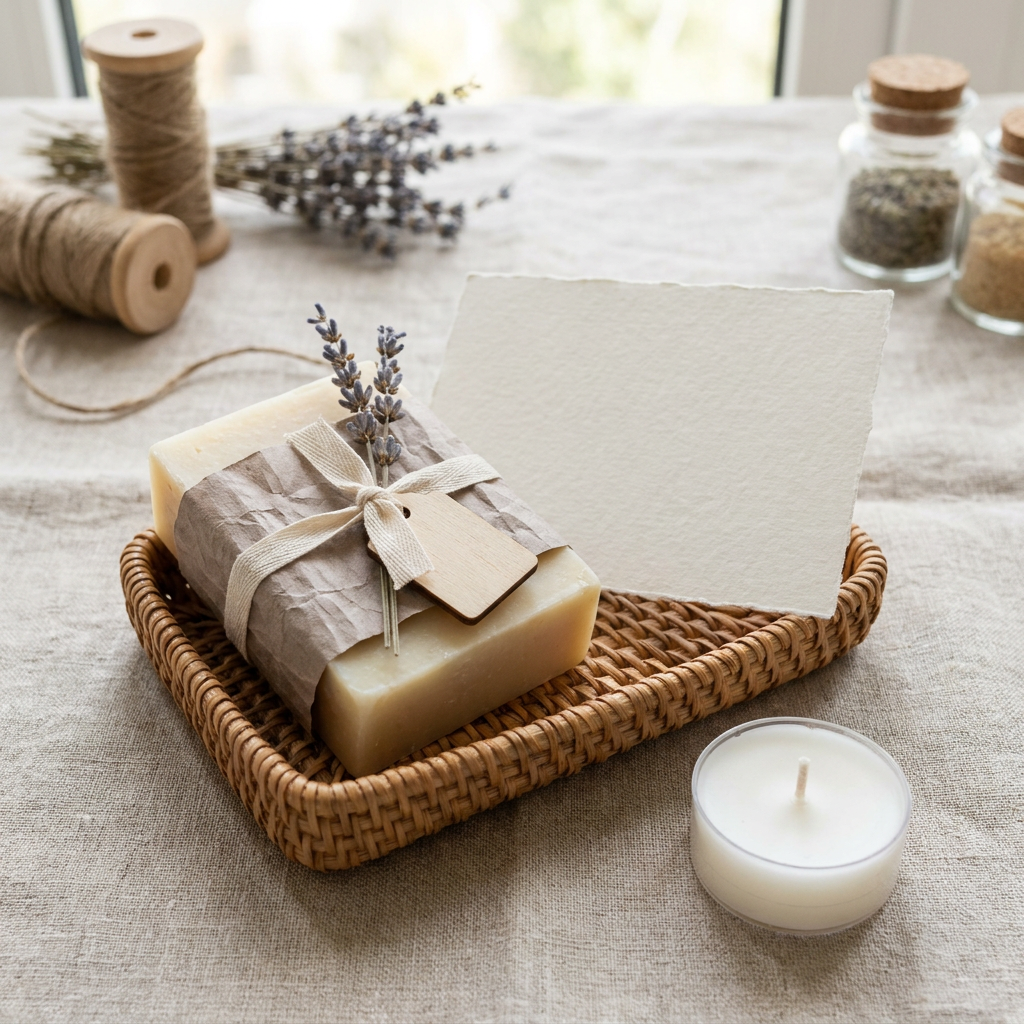 Finished spa night gift sleeve with wrapped soap, unlit wax tea-light candle, blank calm card, and visible wick