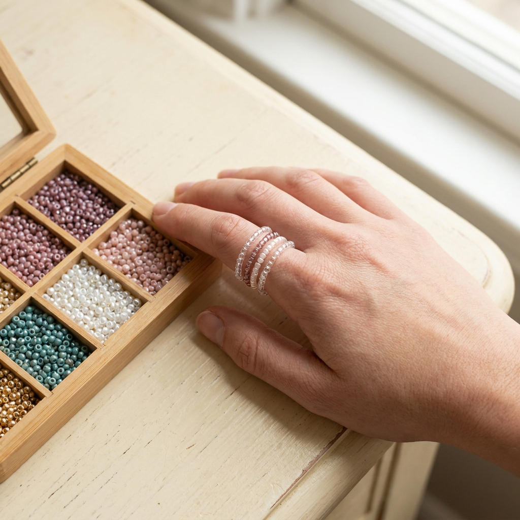 Professional finished Stretch Ring Stack with seed-bead stretch rings on a hand beside a bead tray