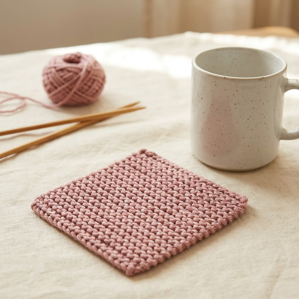 Finished dusty rose garter-stitch knit coaster beside a ceramic mug with yarn and wooden needles