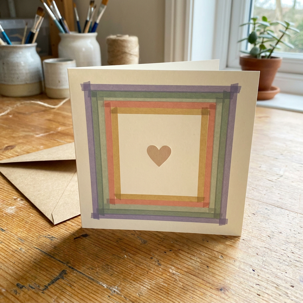 Finished handmade washi tape frame card with layered muted tape border and kraft envelope